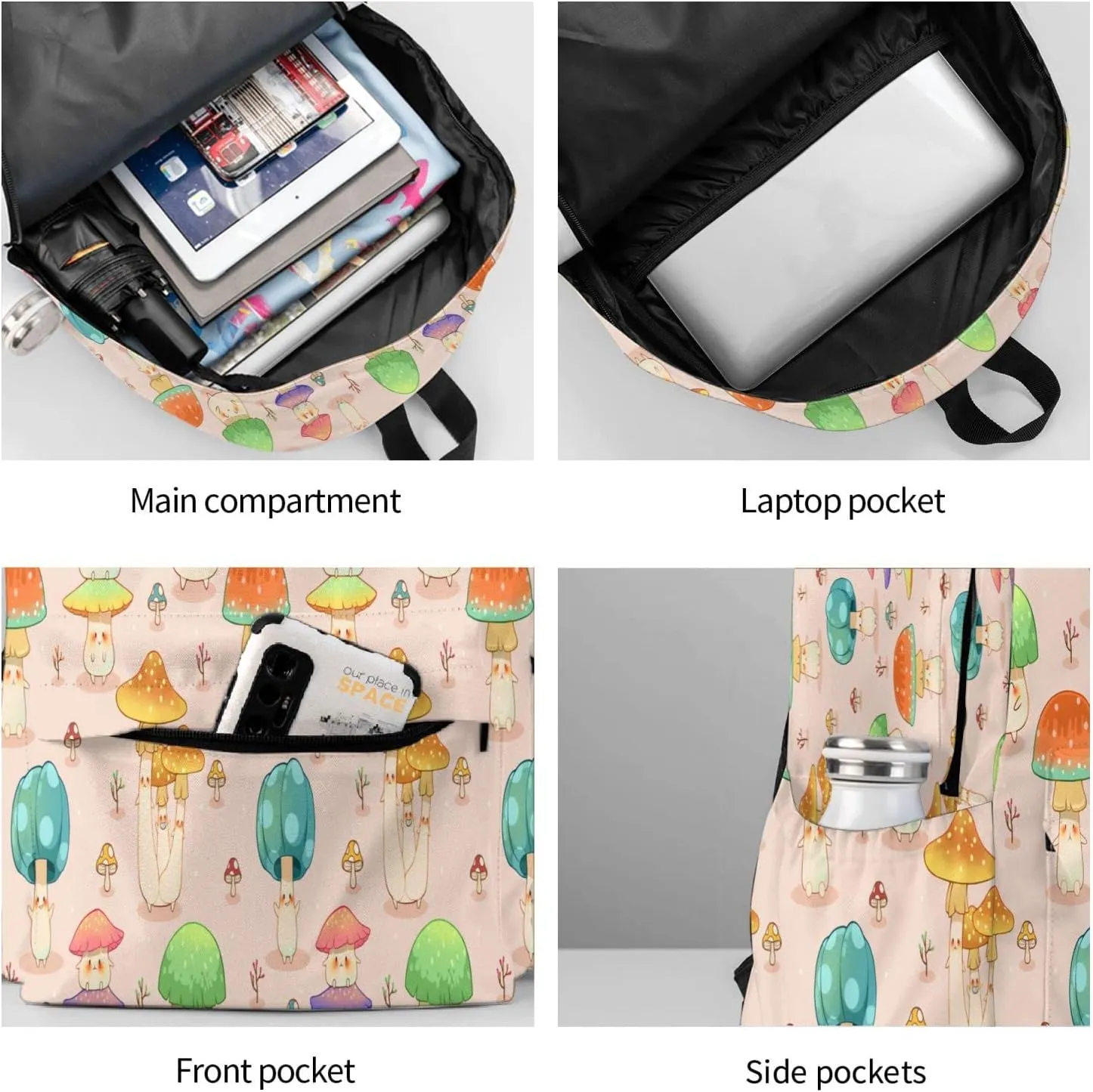 Shoggoth Mushroom Backpack 17 Inch Cute Mushroom Casual Daypack Lightweight Women's Laptop Backpack Campus Travel Bag for Women Men Hiking