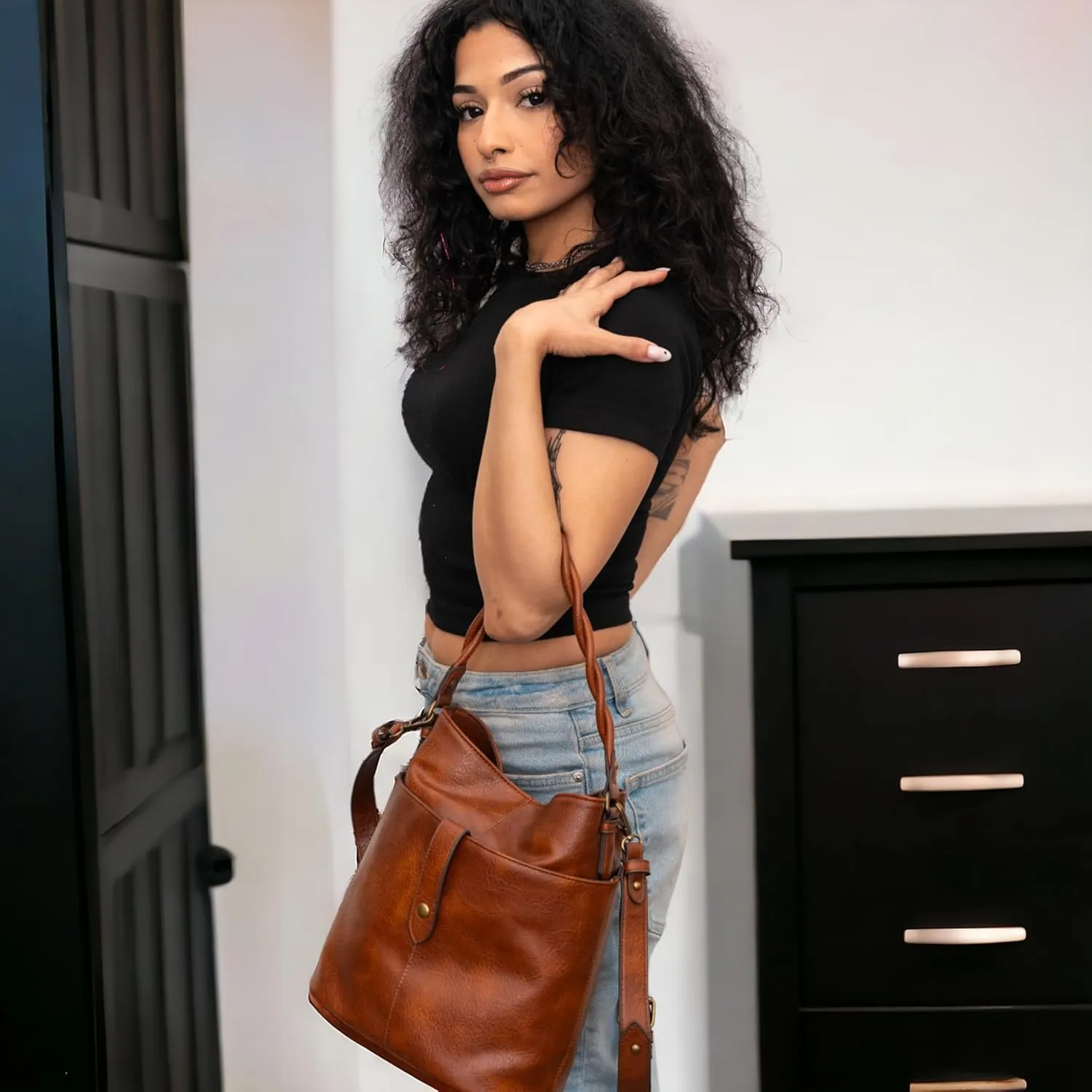 Shoulder Hobo Handbag with Removable Crossbody Bag Strap, Multiple Pockets, Braided Detail, Snap Closure