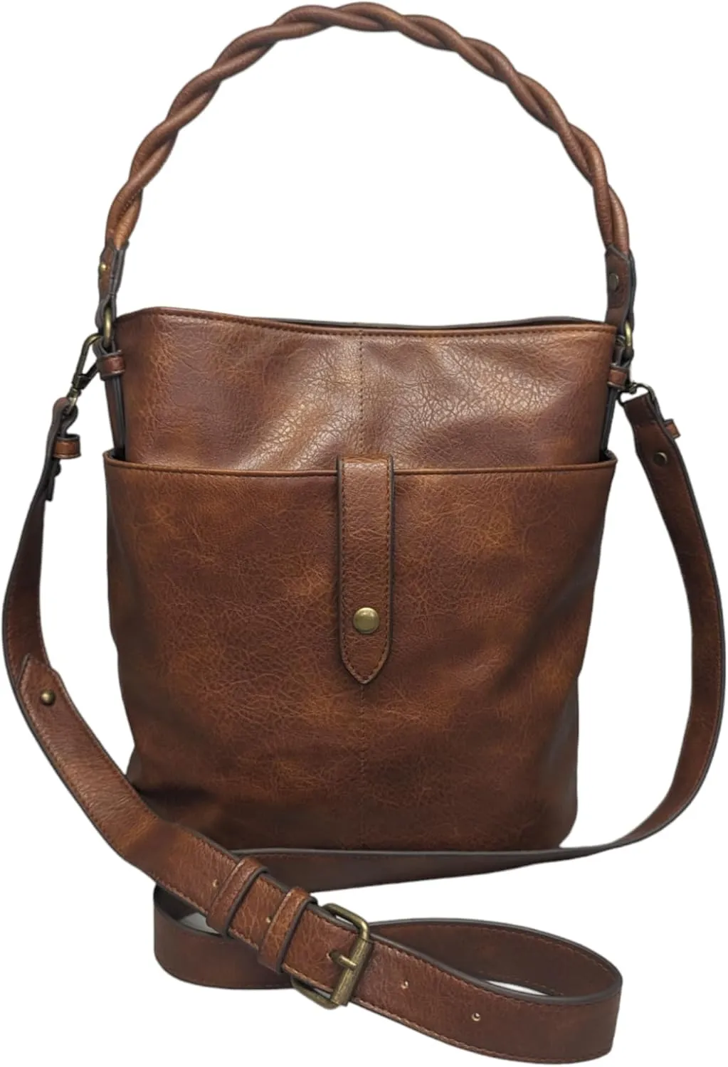 Shoulder Hobo Handbag with Removable Crossbody Bag Strap, Multiple Pockets, Braided Detail, Snap Closure