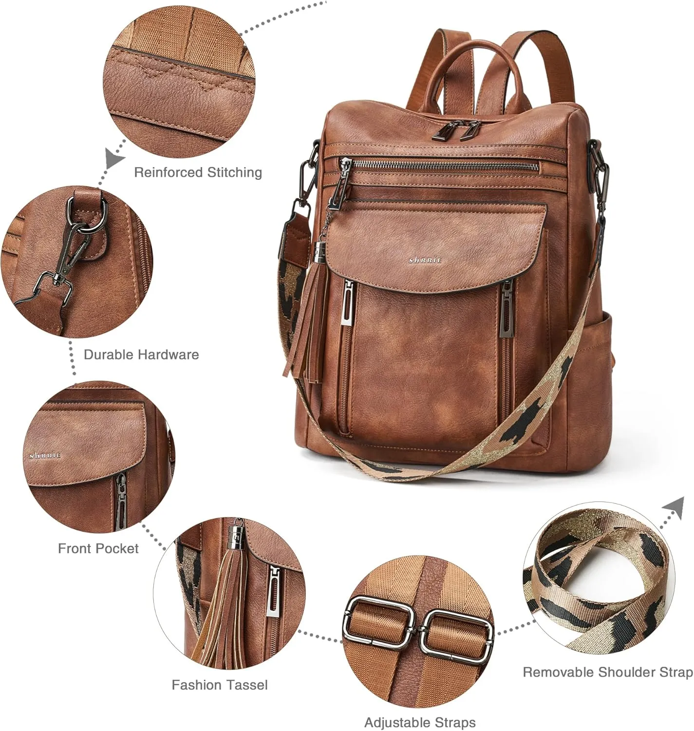 Shrrie Backpack Purse for Women Fashion Leather Backpack Purse Designer Travel Backpack Convertible Shoulder Bag with Wristlet