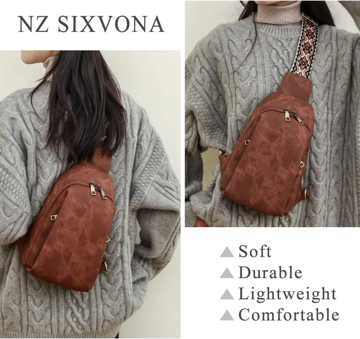 SIXVONA Sling Bag for Women, Leather Crossbody Bags Soft Leather Fanny Pack Chest Bag for Travel, Work, Sport, Outdoor