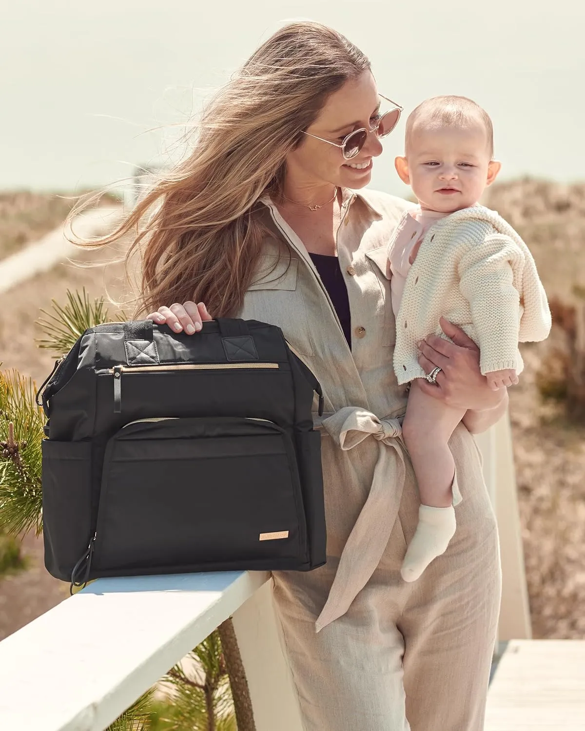 Skip Hop Diaper Bag Backpack: Mainframe Large Capacity Wide Open Structure with Changing Pad & Stroller Attachement, Black with Gold Trim