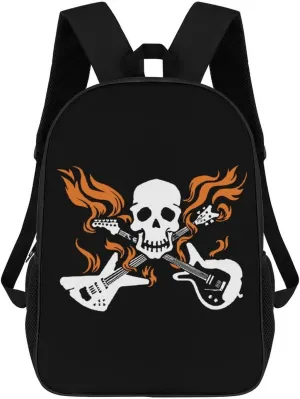 Skull with Crossed Flaming Guitars Durable Adjustable Backpack Casual Travel Hiking Laptop Bag Gift for Men & Women