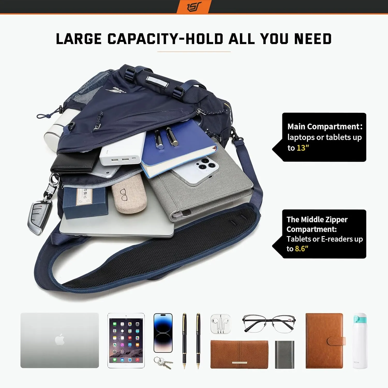 SKYSPER Sling Laptop Bag (Up to 13 Inch) - 18L Crossbody Sling Backpack Travel Shoulder Bag Hiking Daypack for Men Women(Navyblue)