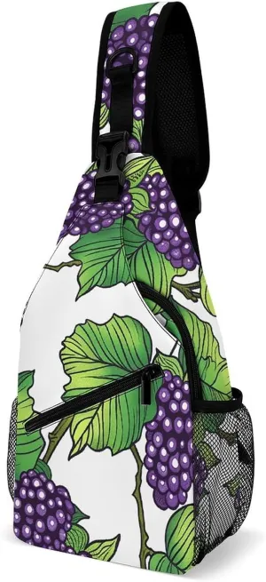 Sling Backpack for Women Men Crossbody Chest Bag Fanny Pack Hand Drawn Mulberries Sling Bag for Hiking Travel