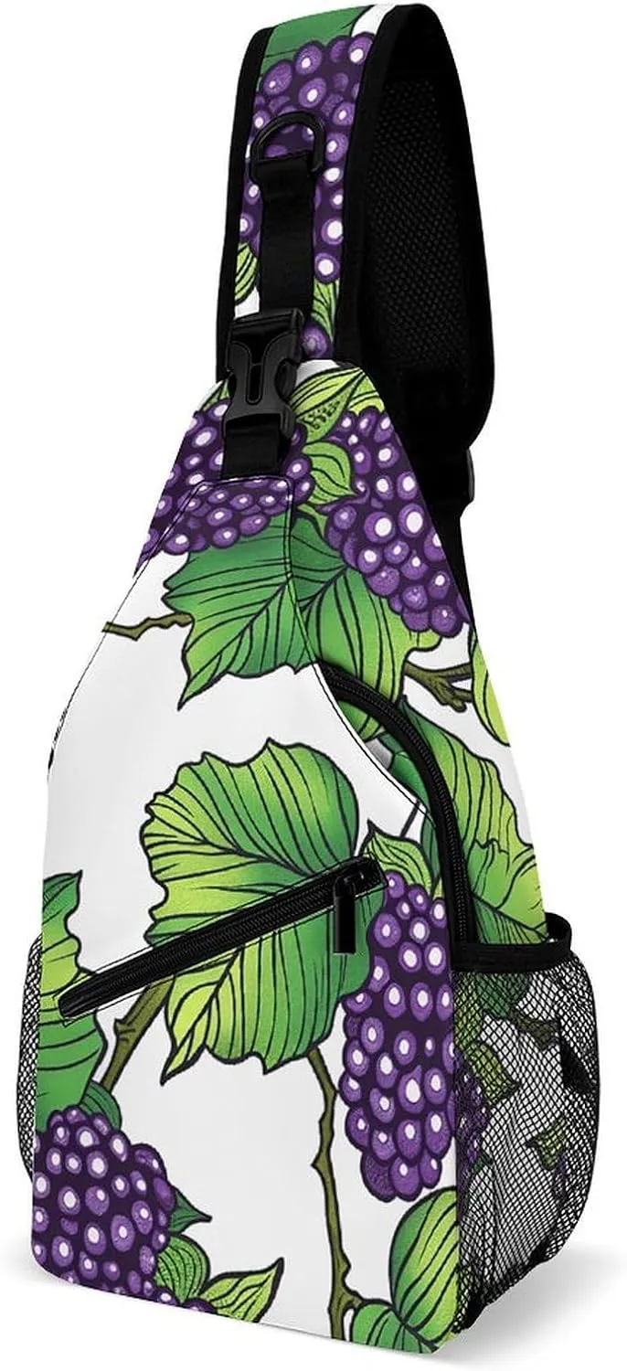 Sling Backpack for Women Men Crossbody Chest Bag Fanny Pack Hand Drawn Mulberries Sling Bag for Hiking Travel