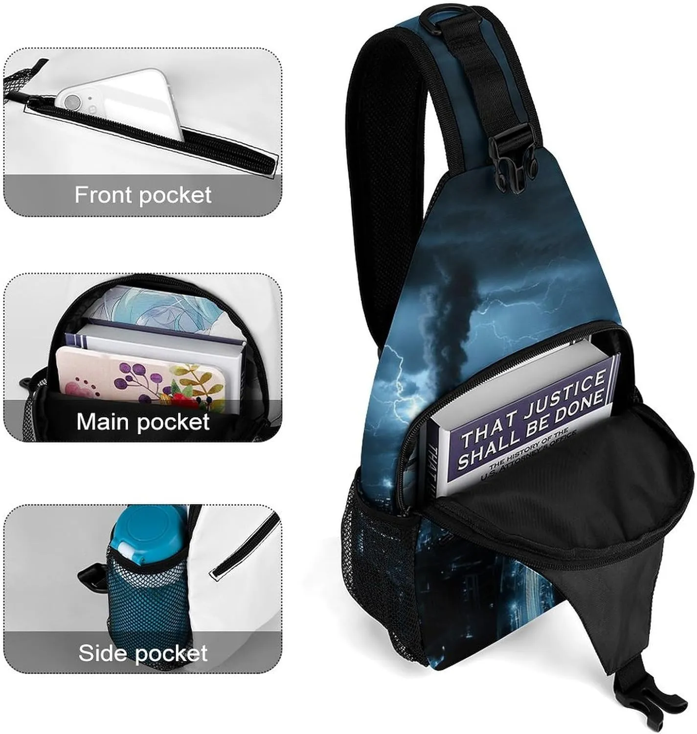 Sling Bag Backpack for Men Women Multipurpose Anti-Theft Satchel Bookbags Travel Rucksack Daypack Bookbag, Chicago City Tornado Storm Weather Art Shoulder Crossbody Bag Chest Pack