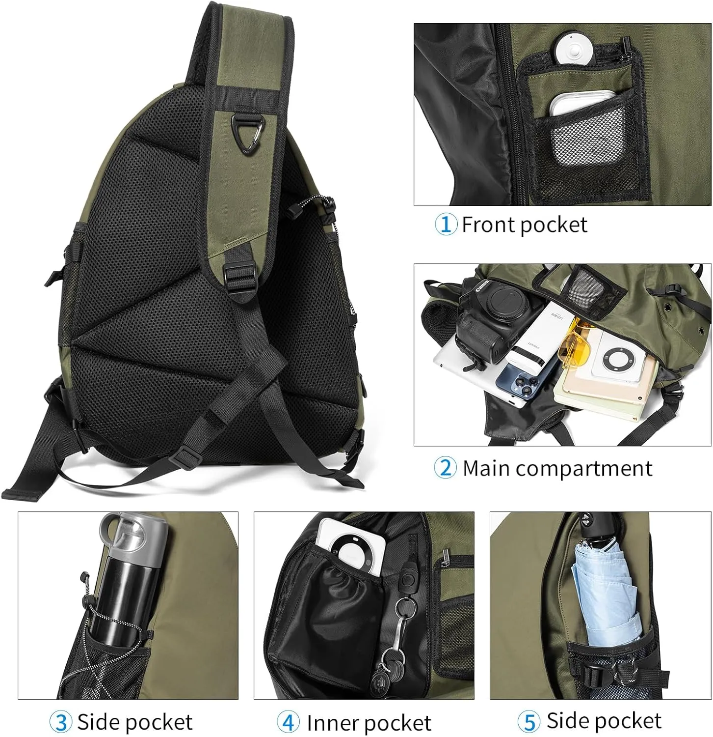 Sling Crossbody Backpack Shoulder Bag for Men Women One Strap Sling Bag Backpack for Hiking Walking Biking Travel Cycling (green, 18L)