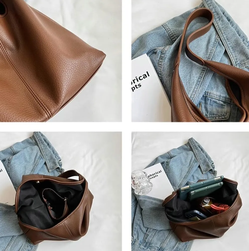 Slouchy Hobo Bags for Women Tote Bag Retro PU Leather Crossbody Bag Soft Shoulder Purses Handbags Large Capacity 2pcs