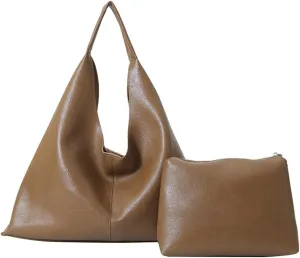 Slouchy Hobo Bags for Women Tote Bag Retro PU Leather Crossbody Purse Soft Shoulder Purses 2pcs Work College Handbags