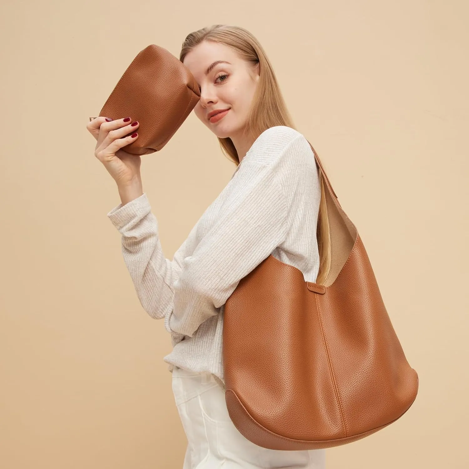 Slouchy Hobo Bags for Women Tote Bag Soft Vegan Leather Shoulder Purses 2 Pcs