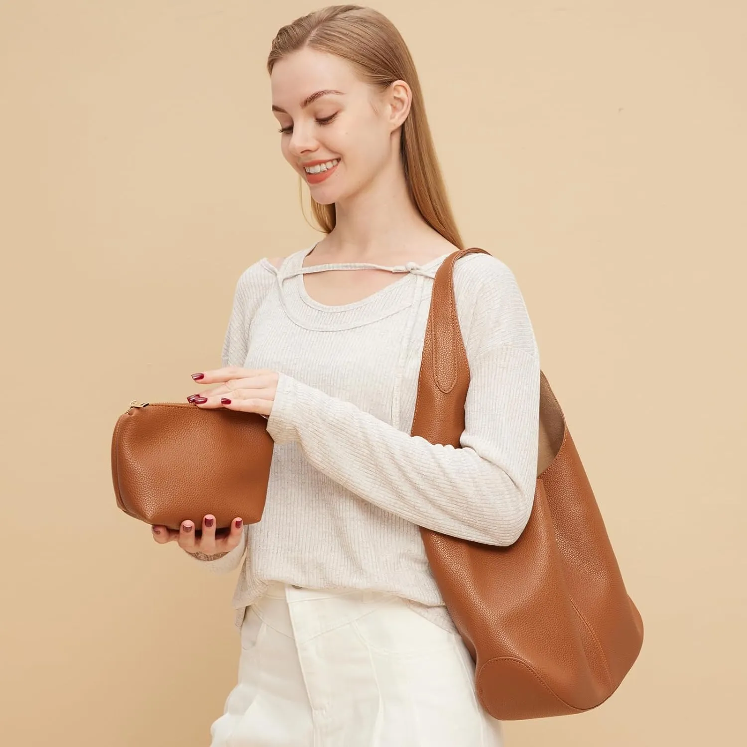 Slouchy Hobo Bags for Women Tote Bag Soft Vegan Leather Shoulder Purses 2 Pcs