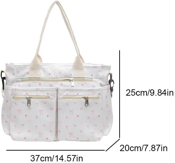 Slouchy Tote Handbag for Women Large Capacity Bow Print Crossbody Bag Multi-pockets Daily Commuting Bag Chic Hobo Bag