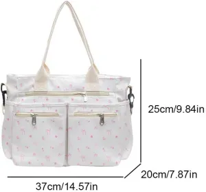 Slouchy Tote Handbag for Women Large Capacity Bow Print Crossbody Bag Multi-pockets Daily Commuting Bag Chic Hobo Bag
