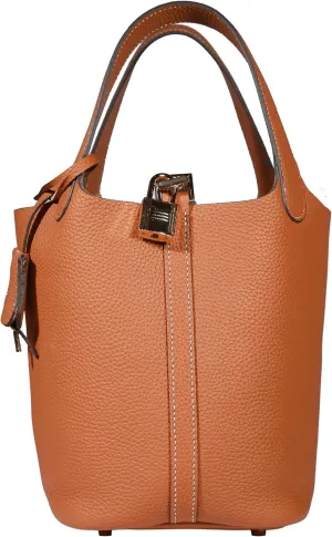 Small Genuine Leather Bucket Bag with Lock Clasp Stylish Tote For Women