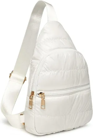 Small Puffy Sling Bag for Women Unisex Quilted Sling Bag for Men Puffer Chest Bag Small Bum Bag (White)