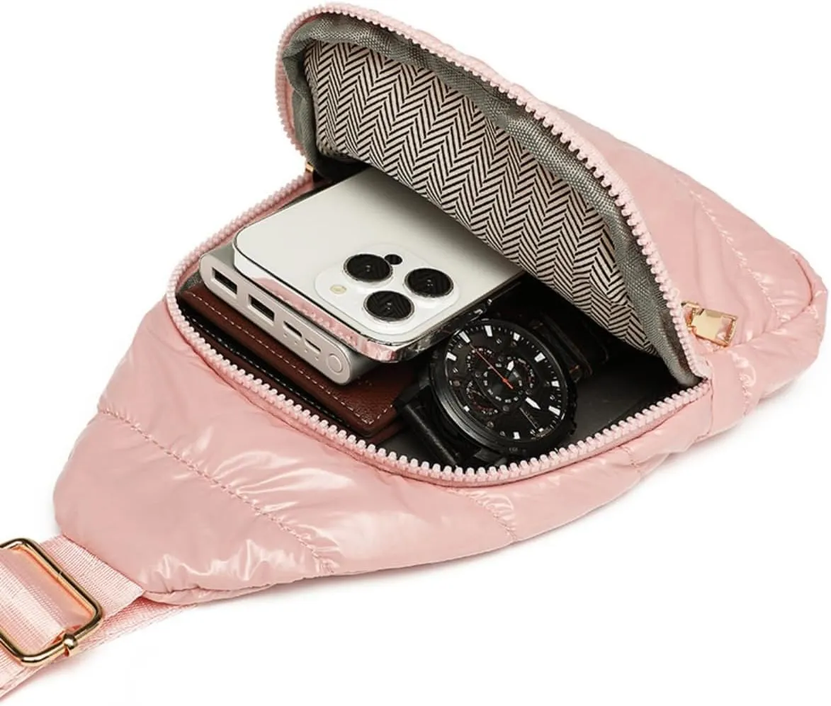 Small Puffy Sling Bag for Women Unisex Quilted Sling Bag for Men Puffer Chest Bag Small Bum Bag (White)