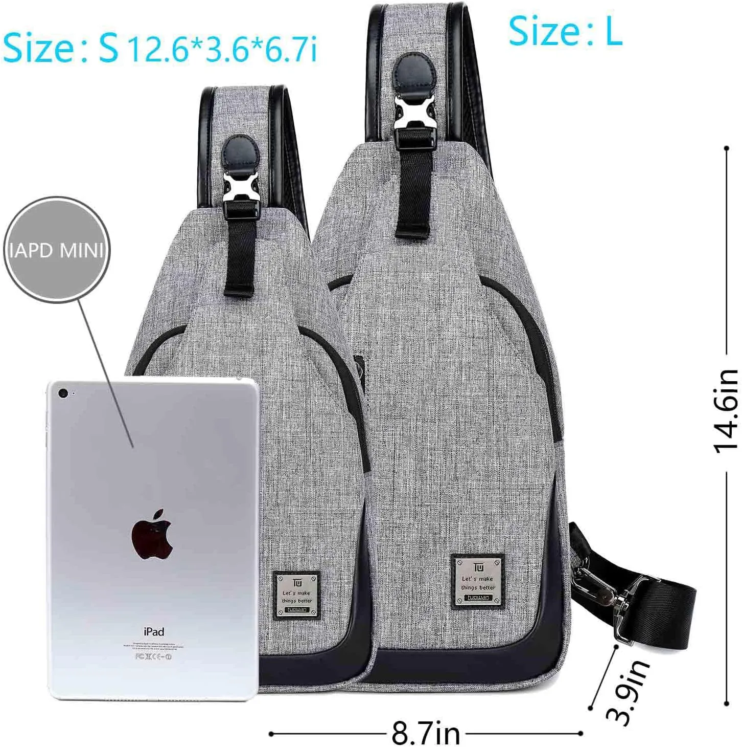 Small Sling Bag Crossbody Backpack Over the Shoulder Bag for Men Women Travel Outdoors, Lightweight Sling Chest Pack (Large, Grey)