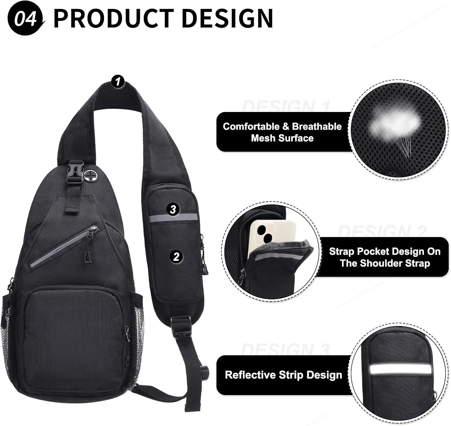 Small Sling Bag, Water Resistant 11 Inch Crossbody Chest Bags Oxford Daypack Backpack with Headphone Jack with Anti-theft Pocket for Men Women (Black)