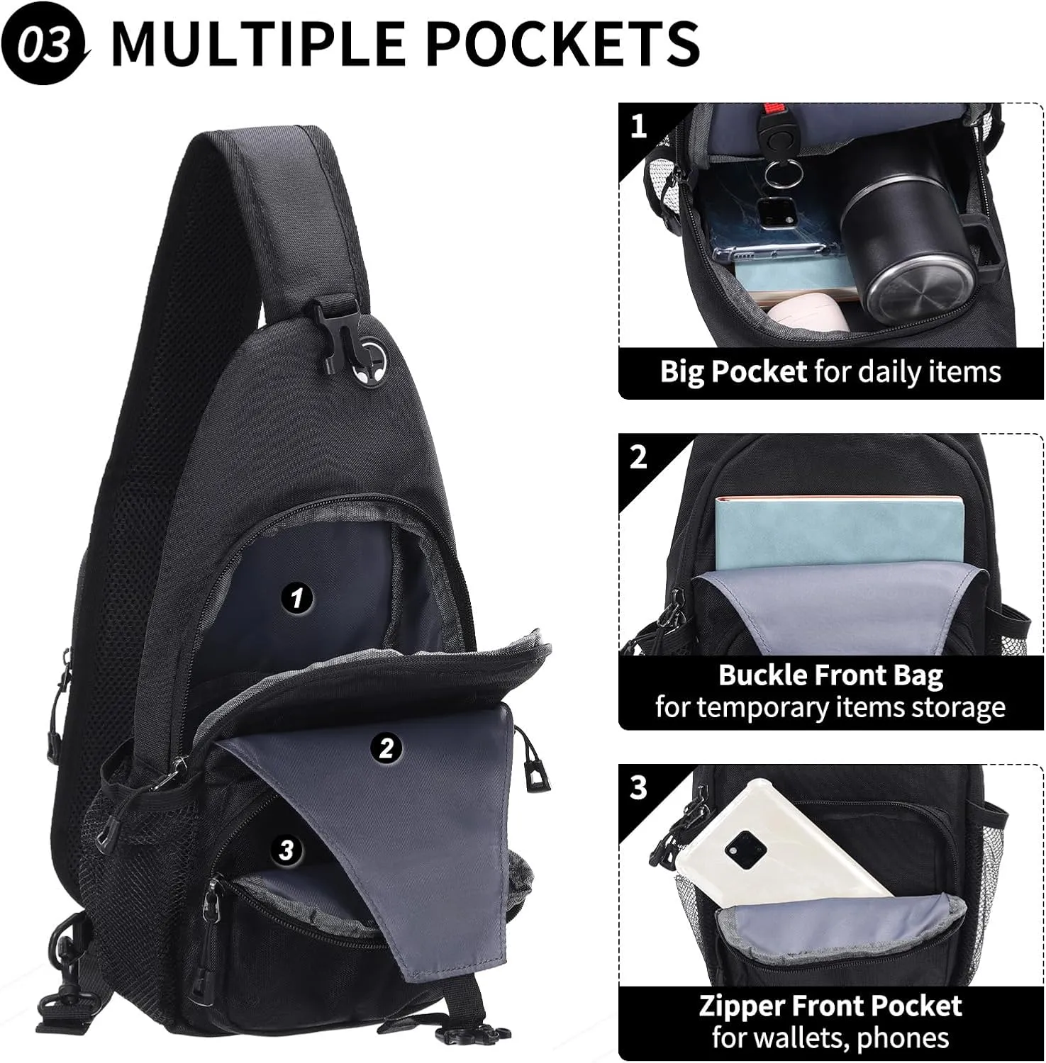 Small Sling Bag, Water Resistant 11 Inch Crossbody Chest Bags Oxford Daypack Backpack with Headphone Jack with Anti-theft Pocket for Men Women (Black)