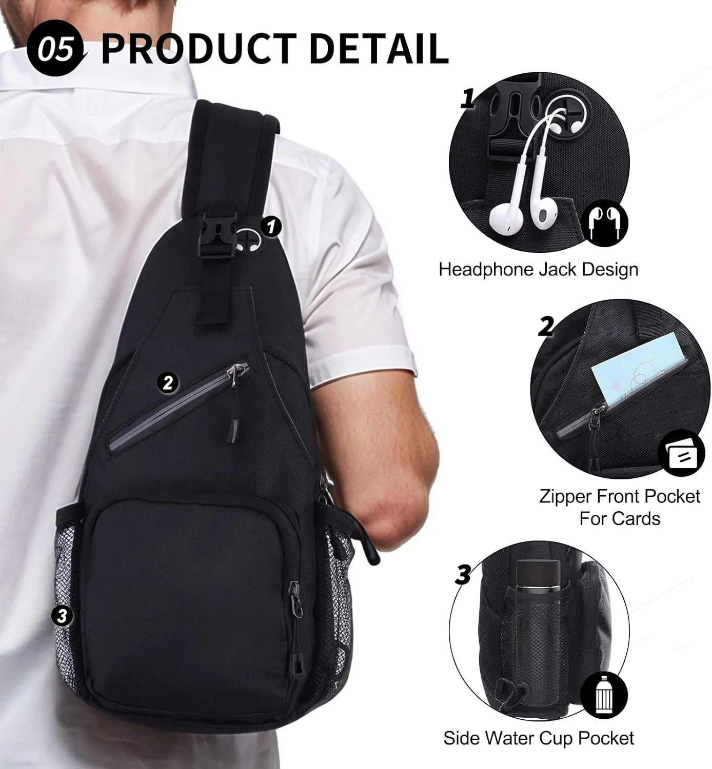 Small Sling Bag, Water Resistant 11 Inch Crossbody Chest Bags Oxford Daypack Backpack with Headphone Jack with Anti-theft Pocket for Men Women (Black)