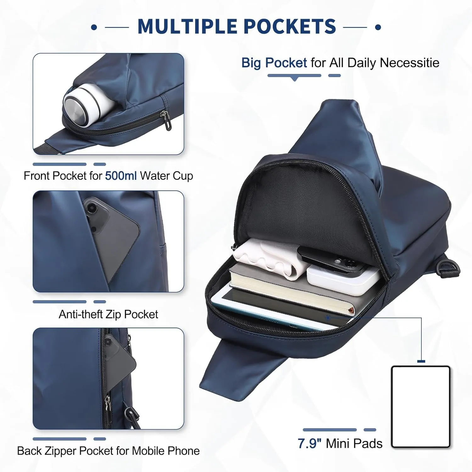 Small Sling Bag, Waterproof Nylon 7.9 Inch Crossbody Chest Bags Daypack Backpack with Anti-theft Pocket for Men Women (Dark Blue)