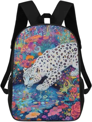 Snow Leopard Psychedelic Garden Stream Fashion Backpack 17 Inches Daypack Unisex Laptop Bag for Travel Business Work