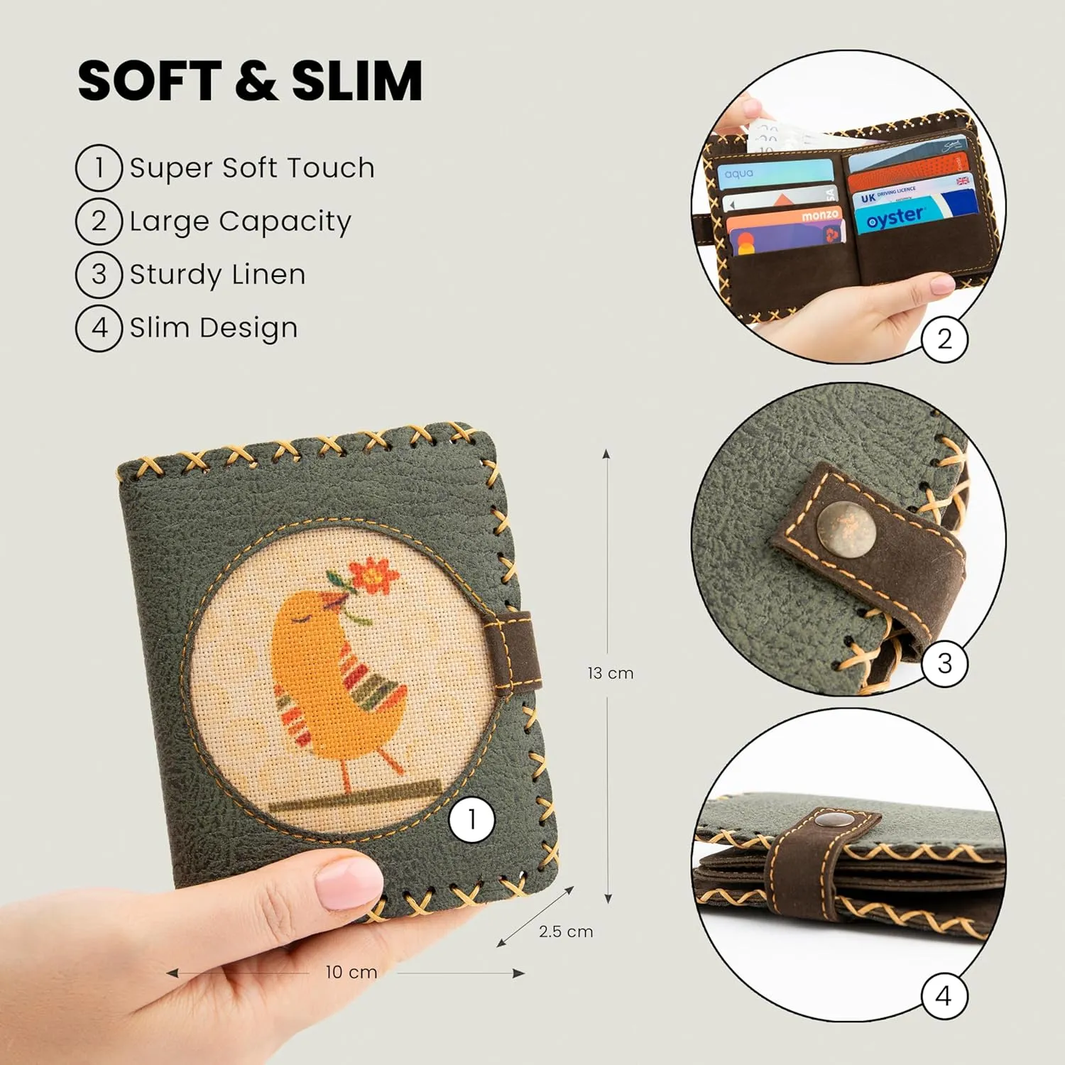 Soft Leather Purse for Women, Trifold Design, 12 Credit Card Holder, Coin Zipper Pocket, 2 ID Windows, Slim Travel Wallet – A Thoughtful Gift for Her., Navy Grey | Little Bird, Small