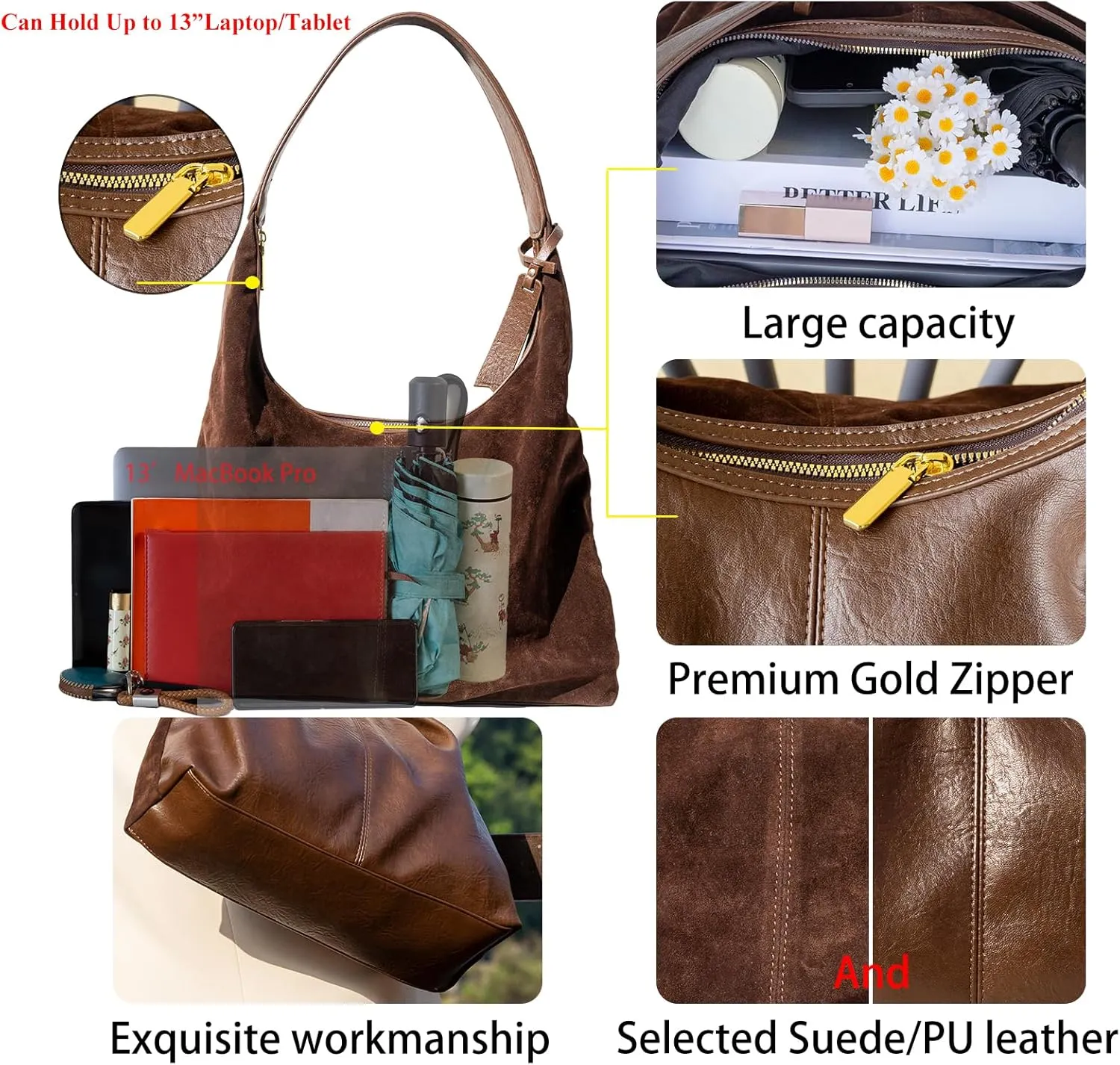 Soft PU Leather and Suede Tote Bag Shoulder Bag for Women - Large Capacity Hobo Bag with Interior Pockets