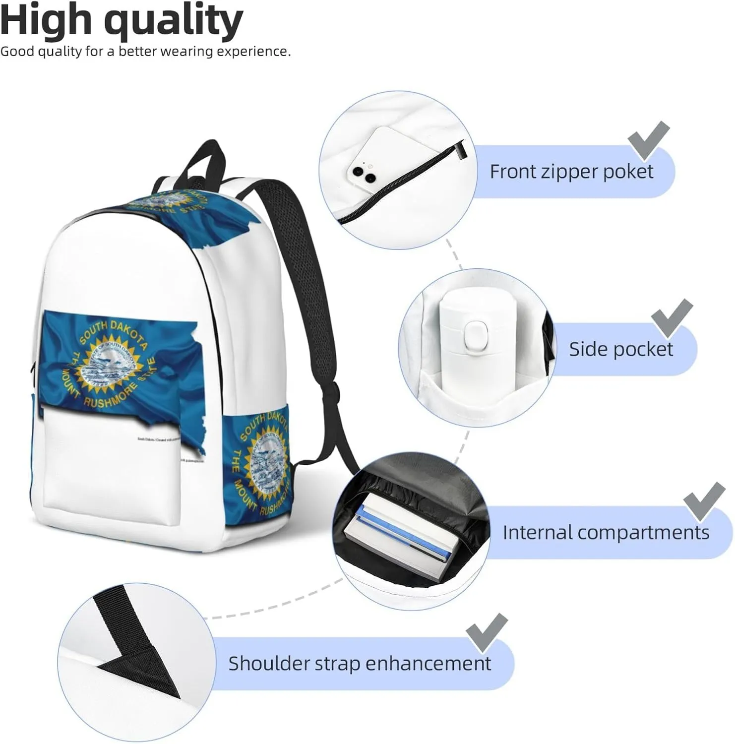 South Dakota Flag Map print Large Laptop Backpack for Women, Work Business Backpacks College Bookbag for School