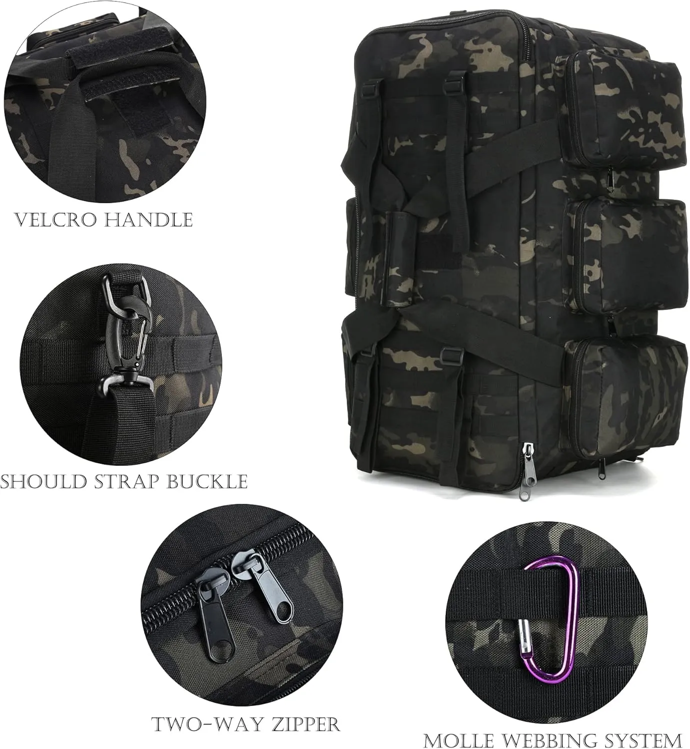 Sparklekle Military Duffel Bag 50L Gym Bag for Men Convertible Weekend Backpack for Sports Travel Camping (Dark-Camo)