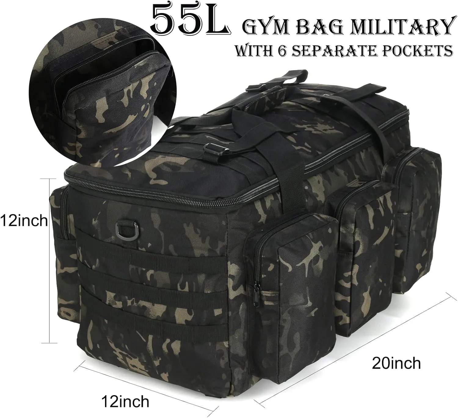 Sparklekle Military Duffel Bag 50L Gym Bag for Men Convertible Weekend Backpack for Sports Travel Camping (Dark-Camo)