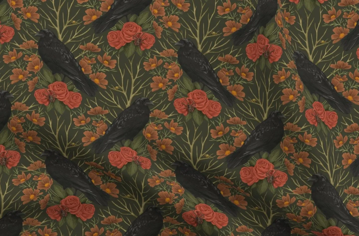 Spoonflower Fabric - Art Nouveau Ravens Nature Rose Gothic Moody Witch Printed on Denim Fabric by The Yard - Bottomweight Apparel Home Decor Upholstery