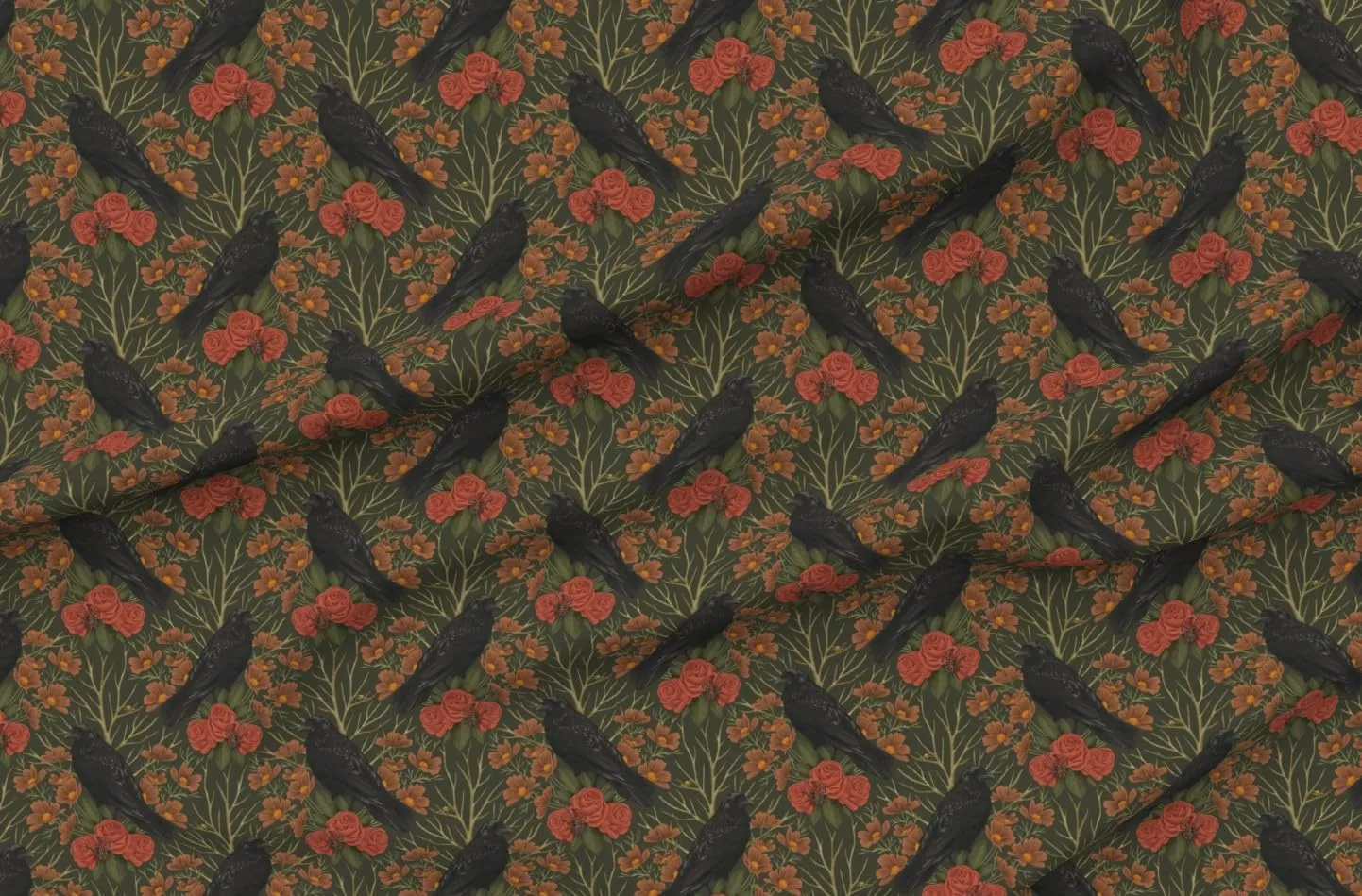 Spoonflower Fabric - Art Nouveau Ravens Nature Rose Gothic Moody Witch Printed on Denim Fabric by The Yard - Bottomweight Apparel Home Decor Upholstery