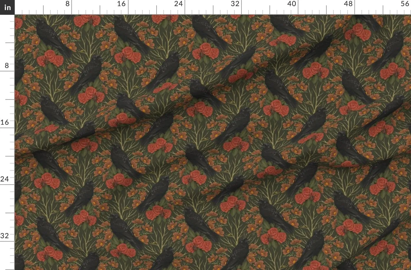Spoonflower Fabric - Art Nouveau Ravens Nature Rose Gothic Moody Witch Printed on Denim Fabric by The Yard - Bottomweight Apparel Home Decor Upholstery