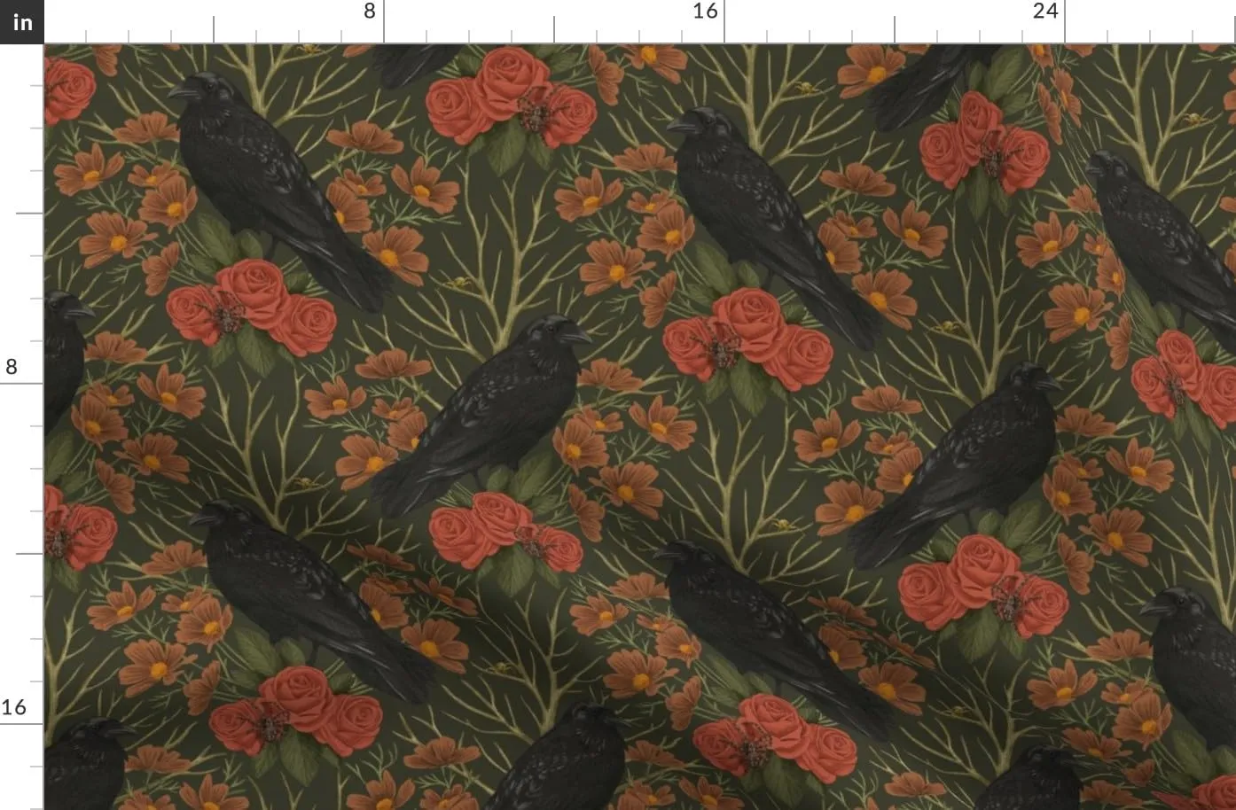 Spoonflower Fabric - Art Nouveau Ravens Nature Rose Gothic Moody Witch Printed on Denim Fabric by The Yard - Bottomweight Apparel Home Decor Upholstery