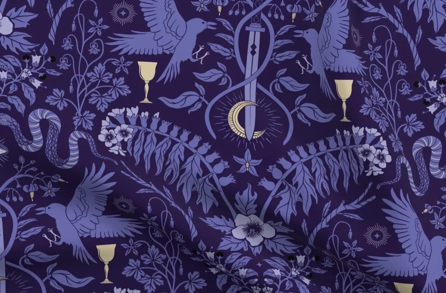 Spoonflower Fabric - Dark Raven Snakes Nightshade Medicinal Plants Poisonous Printed on Denim Fabric by The Yard - Bottomweight Apparel Home Decor Upholstery