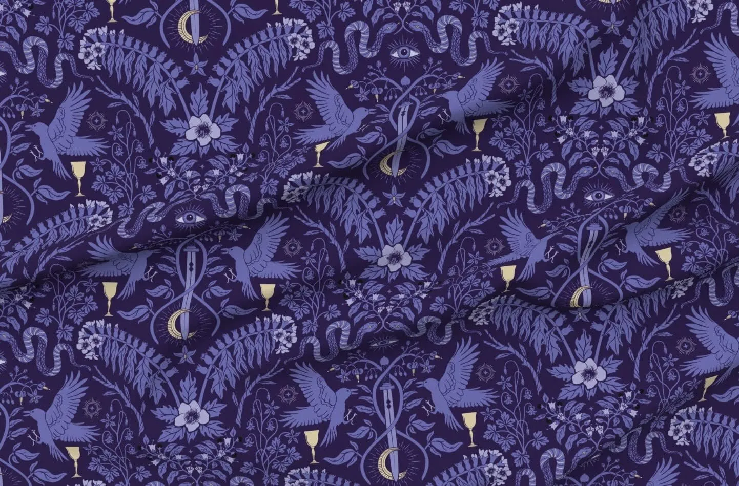 Spoonflower Fabric - Dark Raven Snakes Nightshade Medicinal Plants Poisonous Printed on Denim Fabric by The Yard - Bottomweight Apparel Home Decor Upholstery