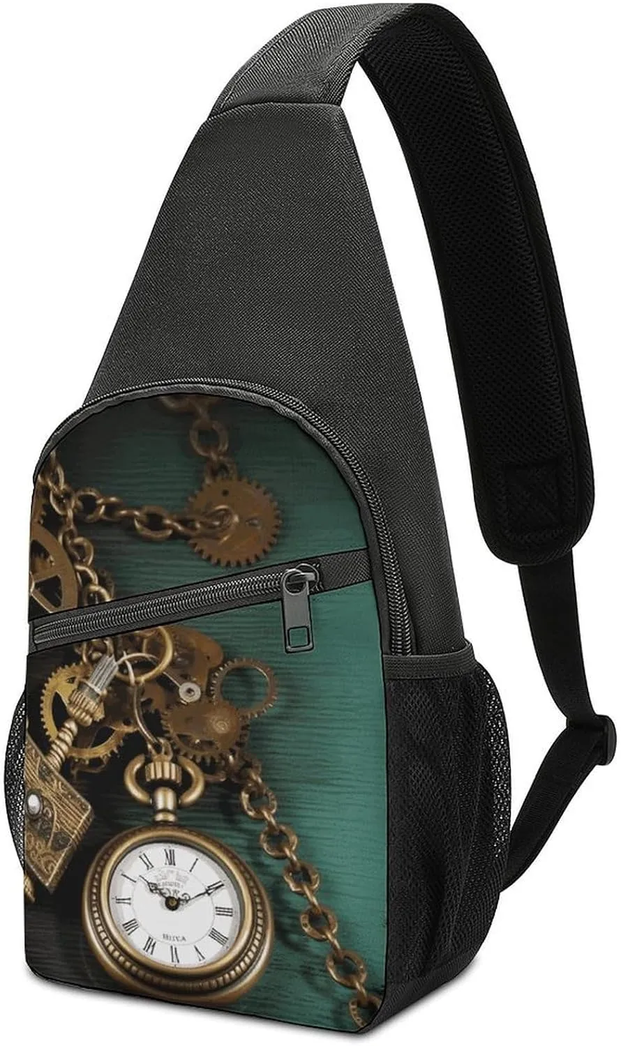 Steampunk Watches Keys And Chains Sling Bag Lightweight Crossbody Shoulder Backpacks Hiking Travel Daypack Chest Bag for Women Men