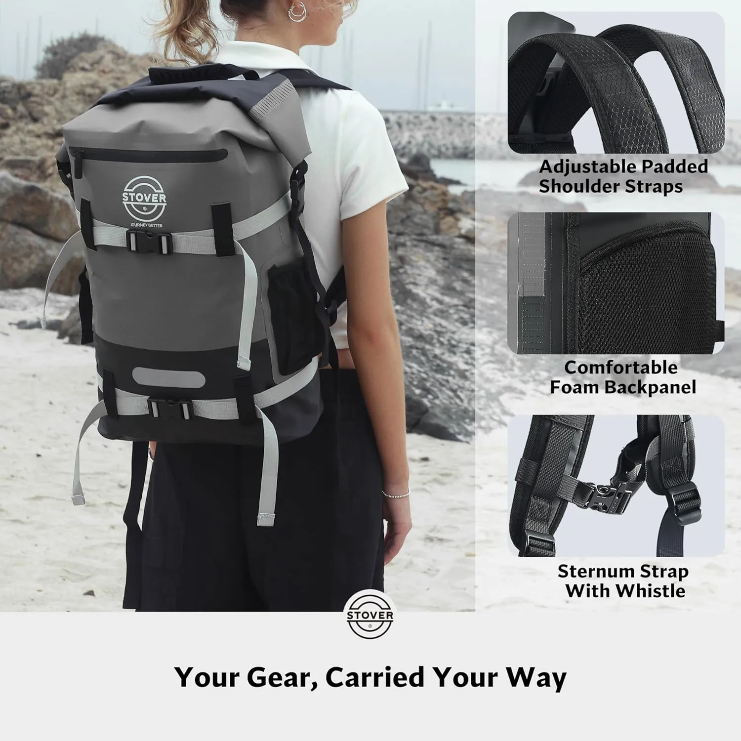 STOVER 5/10/25/30/40/55L Waterproof Dry Backpack- Large Floating Dry Bag for Kayaking, Travel, Tubing, Hiking, Fishing, Camping, Motorcycles & the Beach, Heavy-Duty Roll Top Men/Women (Grey)