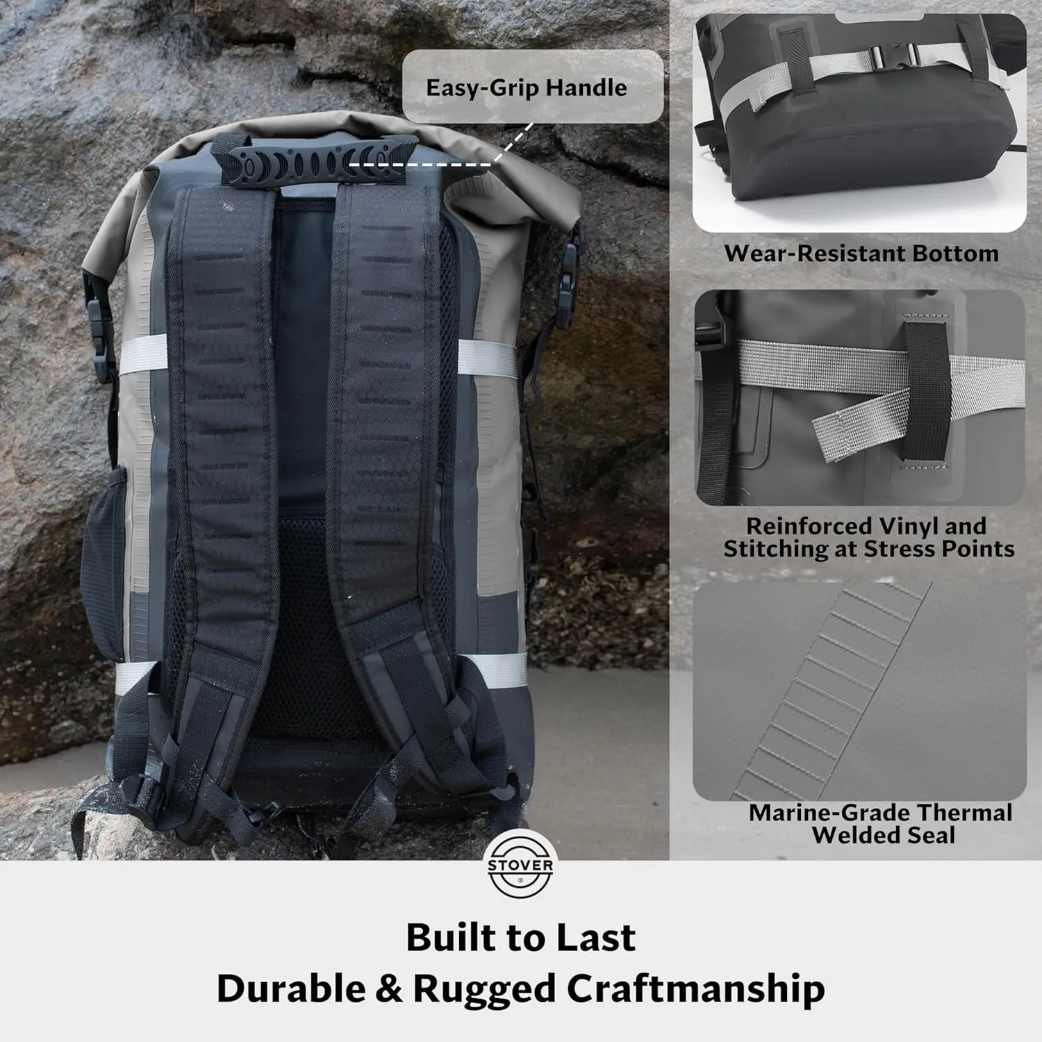 STOVER 5/10/25/30/40/55L Waterproof Dry Backpack- Large Floating Dry Bag for Kayaking, Travel, Tubing, Hiking, Fishing, Camping, Motorcycles & the Beach, Heavy-Duty Roll Top Men/Women (Grey)