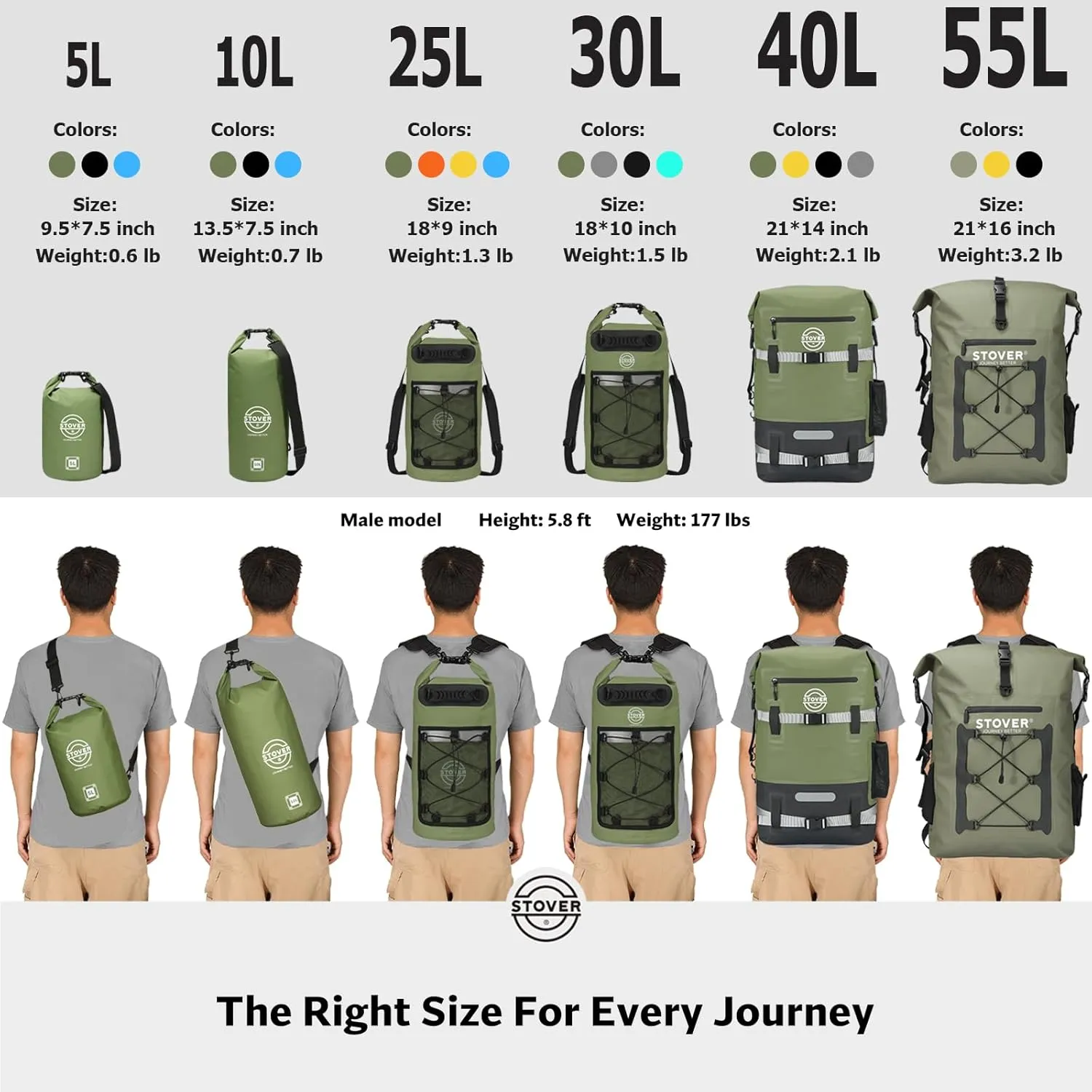 STOVER 5/10/25/30/40/55L Waterproof Dry Backpack- Large Floating Dry Bag for Kayaking, Travel, Tubing, Hiking, Fishing, Camping, Motorcycles & the Beach, Heavy-Duty Roll Top Men/Women (Grey)