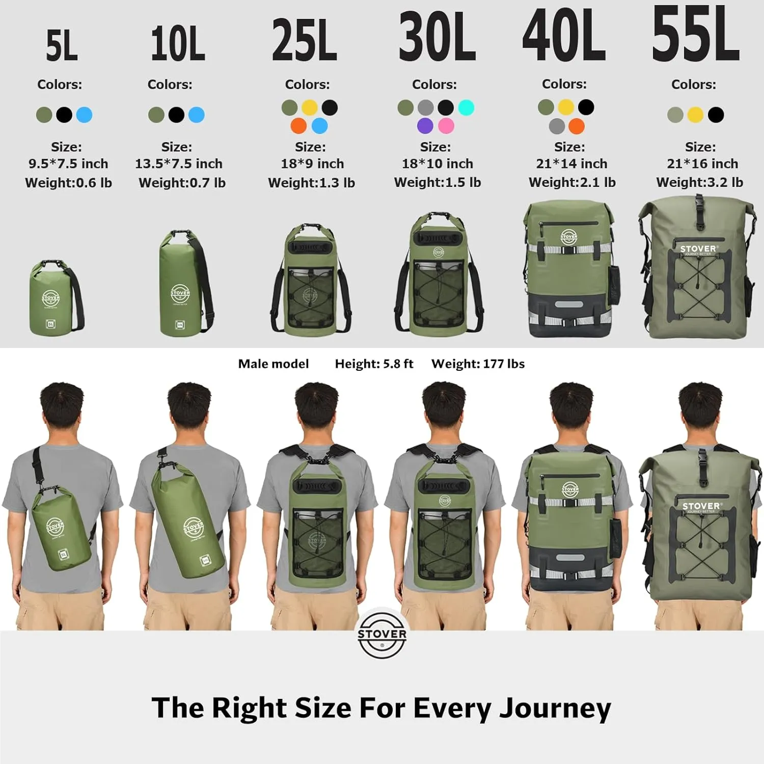 STOVER 5/10/25/30/40/55L Waterproof Dry Backpack- XL Floating Dry Bag for Kayaking, Travel, Tubing, Hiking, Fishing, Camping, Motorcycles, the Beach, Heavy-Duty Roll Top Men/Women (Black)