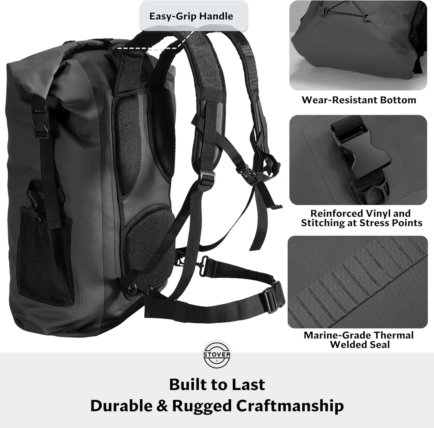 STOVER 5/10/25/30/40/55L Waterproof Dry Backpack- XL Floating Dry Bag for Kayaking, Travel, Tubing, Hiking, Fishing, Camping, Motorcycles, the Beach, Heavy-Duty Roll Top Men/Women (Black)