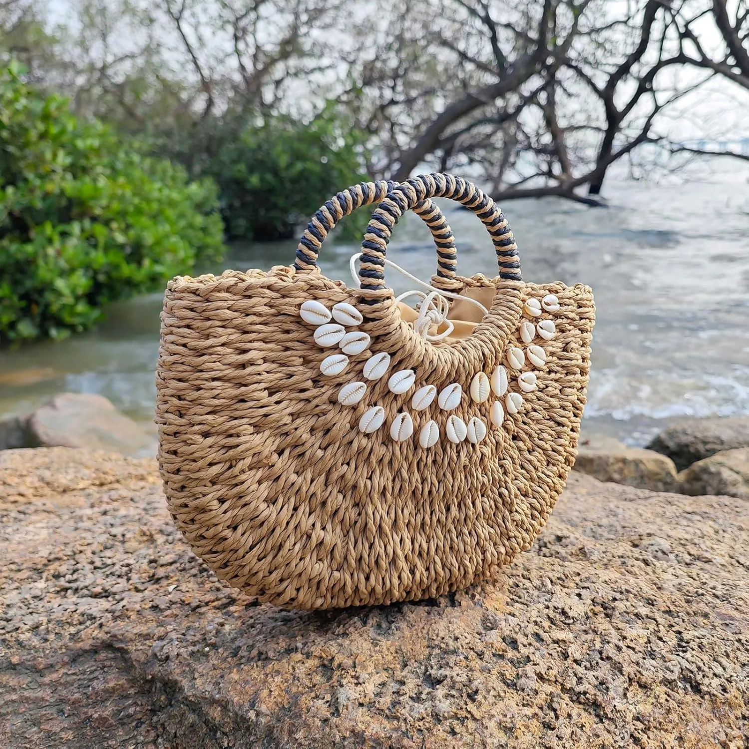 Straw Beach Bag for Women,Boho Chic Straw Purse for Travel, Vacations Summer Woven Tote with Silk Scarf & Shell