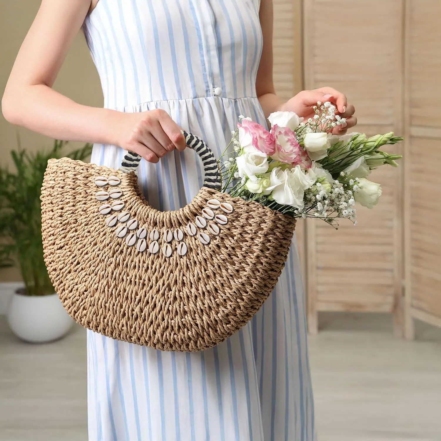Straw Beach Bag for Women,Boho Chic Straw Purse for Travel, Vacations Summer Woven Tote with Silk Scarf & Shell
