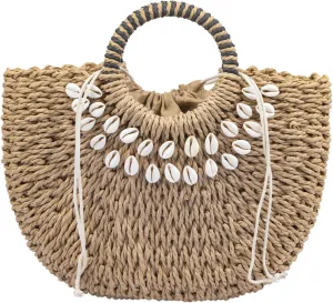 Straw Beach Bag for Women,Boho Chic Straw Purse for Travel, Vacations Summer Woven Tote with Silk Scarf & Shell