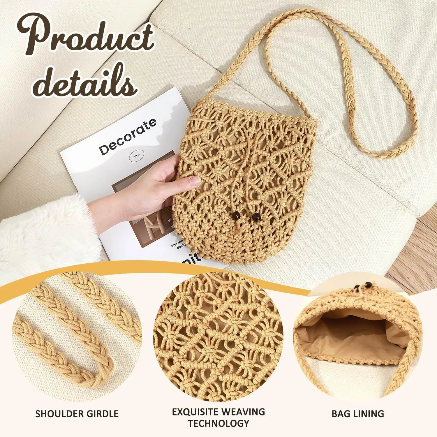 Straw Handbags Purses Crossbody Pocketbook Bag Casual Woven Beach Bags Summer Hobo Hippie Chic Tote Bags with Chain