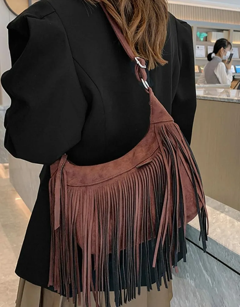 Stylish Suede Hobo Bag for Women Retro Shoulder Bag Large Capacity Tassel Hippie Crossbody Bag with Exquisite Fringe 2024