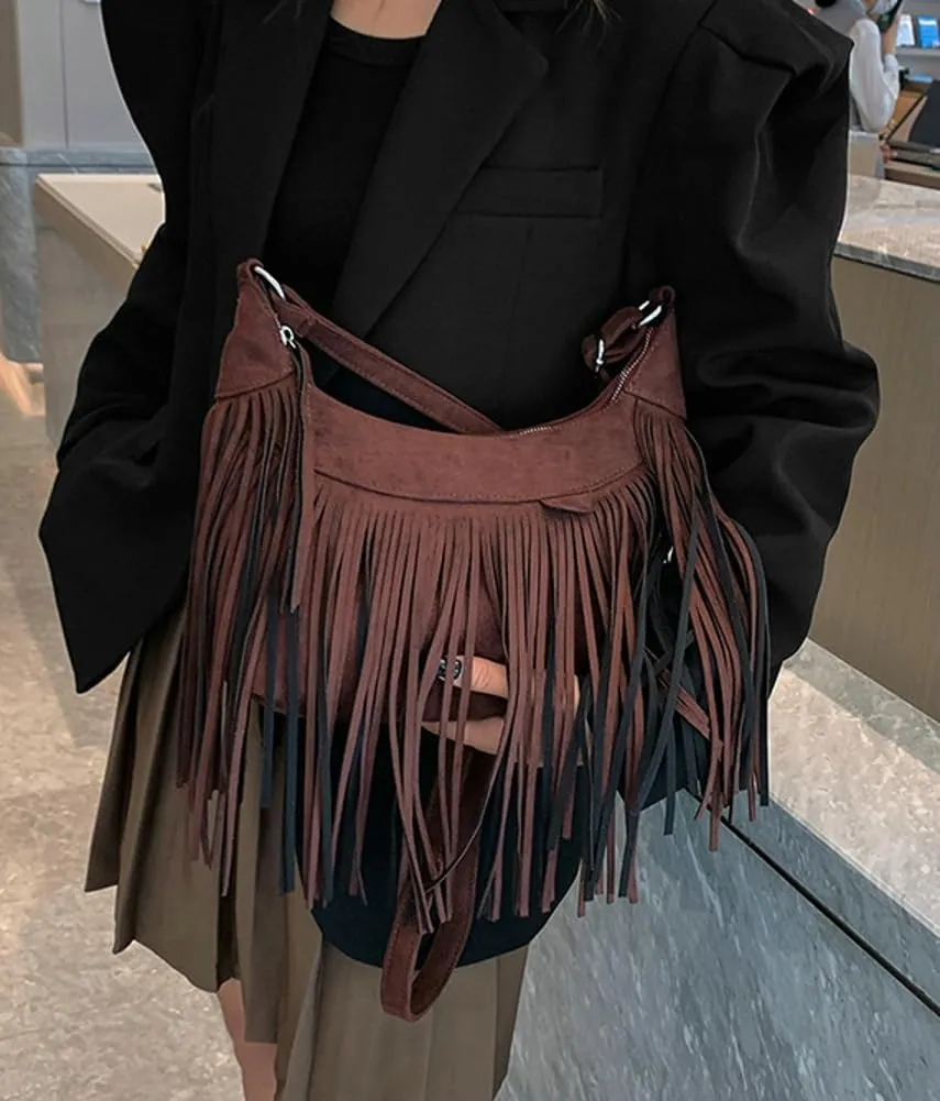 Stylish Suede Hobo Bag for Women Retro Shoulder Bag Large Capacity Tassel Hippie Crossbody Bag with Exquisite Fringe 2024
